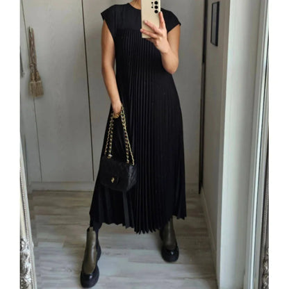 Pleated Dresses O Neck Pullover Dress Women Sexy Vestidos Solid Casual Dress Ankle Length Loose Fit Pockets 2024 Summer Folds